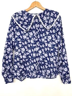 SFERA 100% Cotton Floral Bib Collar Shirt Crochet Trim Blouse Blue Purple M